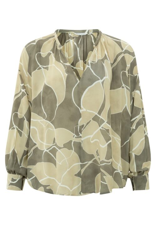 Supple top with V-neck, long sleeves and print - Light Green Dessin