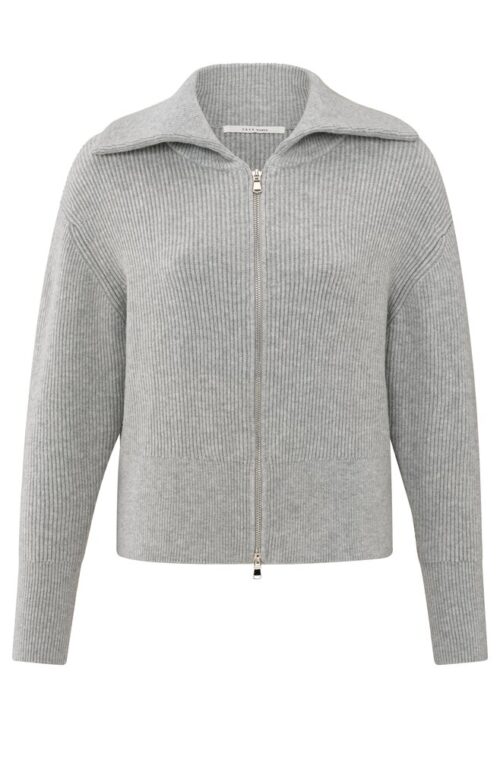 Light Grey Cardigan with Long Sleeves Collar and Zipper | Medium Grey Melange